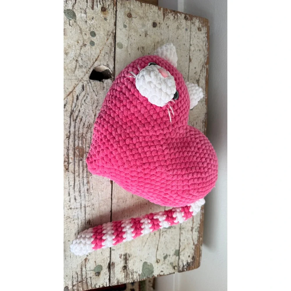 Handmade Knitted Heart Cat Plush Pink White Amigurumi Stuffed Animal